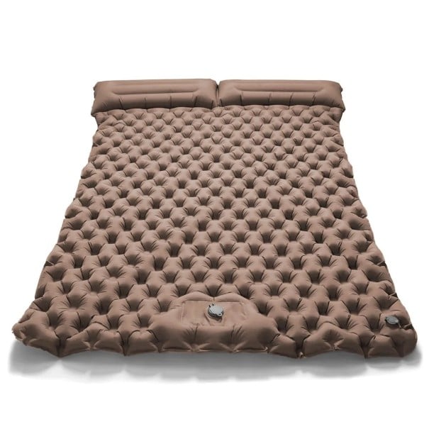 Nafukovací karimatka pro 2 osoby s vestavěnou pumpou 200 × 120 × 5 cm nylon integrovaný polštář 17 cm lehká 1,2 kg pro kempování hnědá