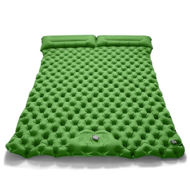 Nafukovací karimatka pro 2 osoby s vestavěnou pumpou 200 × 120 × 5 cm nylon integrovaný polštář 17 cm lehká 1,2 kg pro kempování zelená