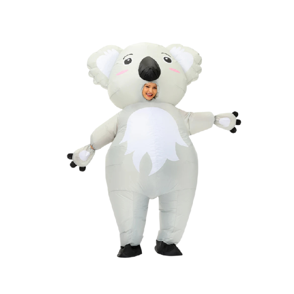 Nafukovací kostým koala pro dospělé Kulaté uši a světlá srst Velikost L pro výšku 150–195 cm Ventilátor a pouzdro baterií Na cosplay i párty 1