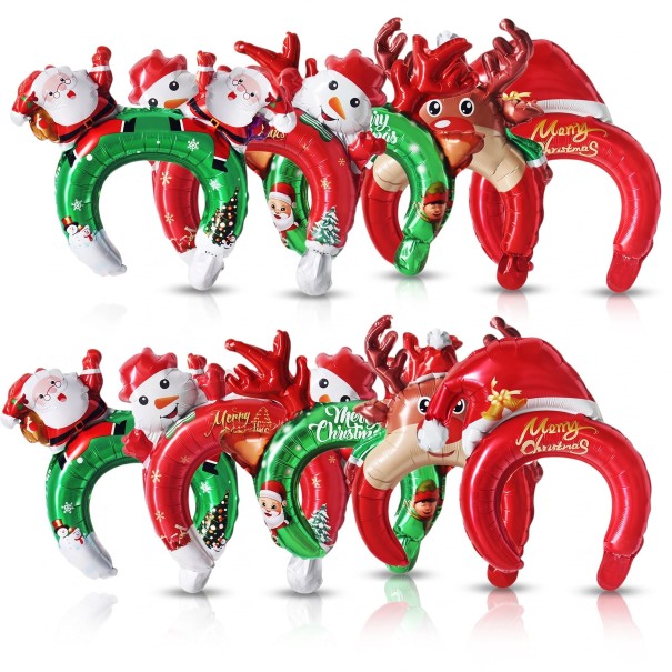 Nafukovací vánoční čelenky 10 ks Balónkové čelenky Santa sněhulák sob a čepice Merry Christmas Červené a zelené Na vánoční besídku 1