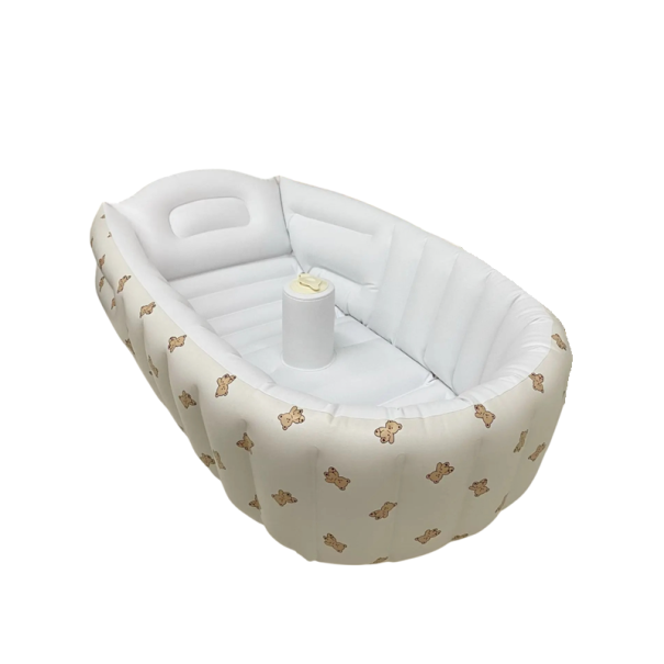Nafukovacia detská vanička s motívom medveďa, 90 × 55 × 30 cm, PVC materiál, biela farba, pre kúpanie bábätiek doma aj na cestách 1