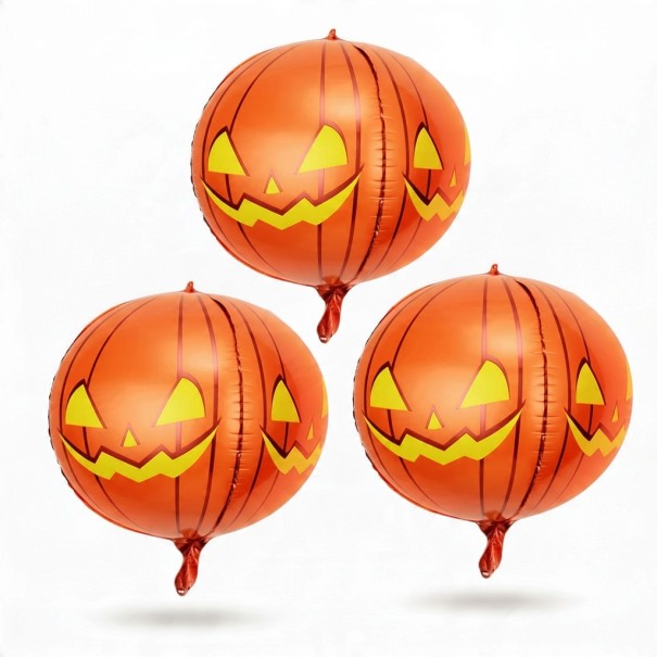 Nafukujące baloniki dyniowe 4D Zestaw 3 szt Halloweenska dekoracja 56 cm Okrągłe pomarańczowe z żółtą twarzą Dekoracja na Halloween 1