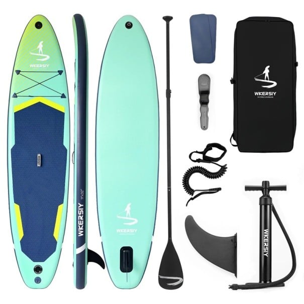 Nafukujący Paddleboard Zestaw 11' 335 x 81 x 15 cm Trójwarstwowy PVC EVA Podkład Nośność 180 kg z Pompką Wiosłem i Finą Dla Początkujących i Rodzin zielony