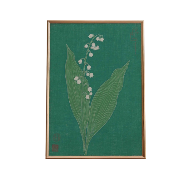 Nagy falikép gyöngyvirág japán motívummal 50 × 70 cm vászonnyomtatás zöld háttérrel fehér virággal dekoráció az enteriőrbe keret nélkül 1