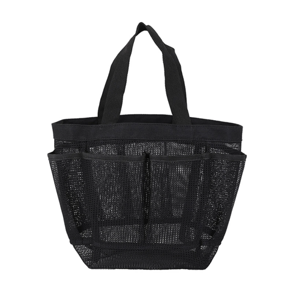 Nagy hálós strandtáska 20 cm Magasság Tárolóhely 18 x 14 cm Praktikus strandtáska Törölköző Fürdőruha Játékok Nyári bevásárlás fekete