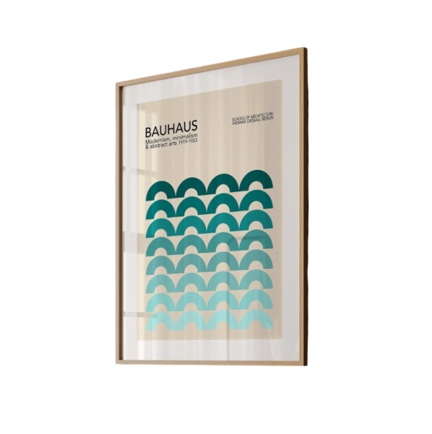 Nagyformátumú Bauhaus poszter 40 x 60 cm türkiz geometrikus ívek absztrakt modern grafika vászonra nyomtatva dekoráció keret nélkül 1