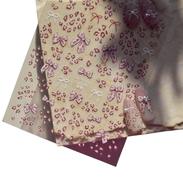 Nail Stickers with Bows Pink Leopard Pattern 3D Nail Art Transfers Sweet Self-Adhesive Nail Decorations DIY Accessories for Decorating 1