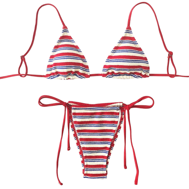 Naisten bikinit, punainen, valkoinen, sininen, raidallinen kuvio, kolmioyläosa ja solmittavat stringit. Retro-merihenkinen uima-asu. L