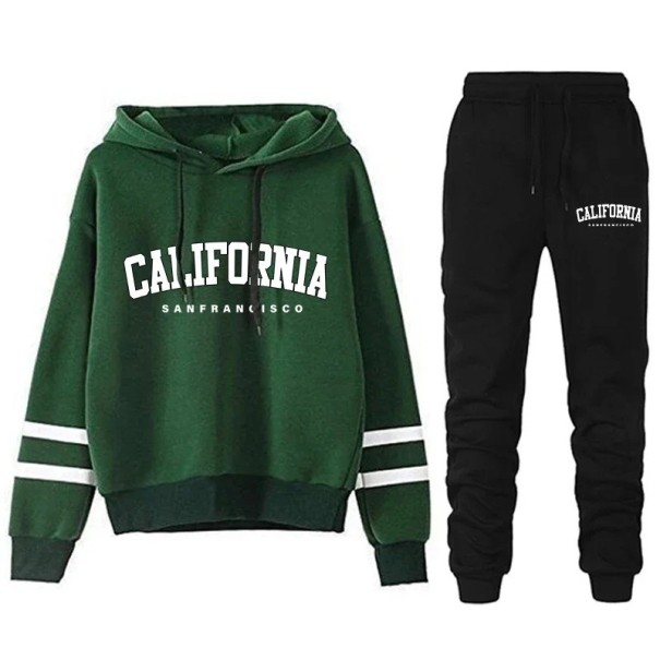 Naisten California-tekstiillä varustettu setti, collegehousut, huppari, polyesteri vihreä XL