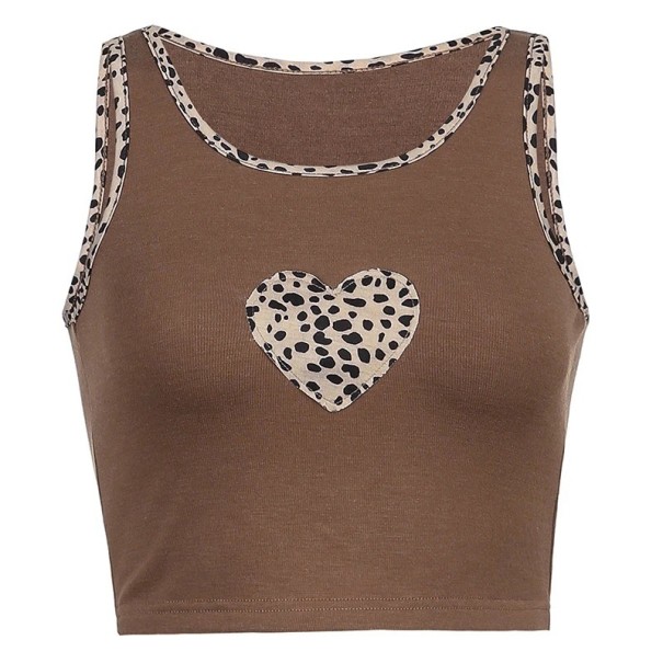 Naisten Crop Top -hihaton paita ruskea leopardikuosisella reunuksella sydän O-mallinen pääntie leveillä olkaimilla tyylikäs paita polyesteri spandex M