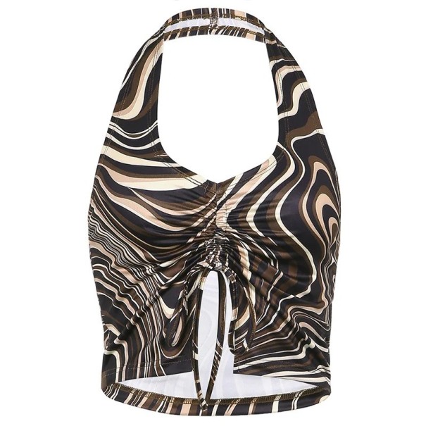 Naisten Crop Top -hihaton paita ruskea värikkäillä kuvioilla V-pääntiellä Leikkaus Leveät olkaimet kaulalla Tyylikäs paita polyesteri spandex L