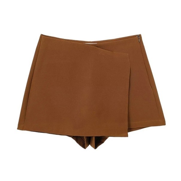 Naisten epäsymmetriset korkeavyötäröiset shortsit sivuvetoketjulla, elegantit, yksivärinent, vintage-shortsit, tyylikkäät kesäiset rento shortsit ruskea M