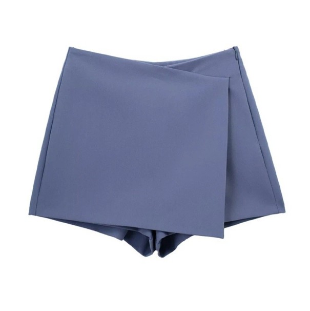 Naisten epäsymmetriset vintage-shortsit, joissa on korkea vyötärö ja sivussa vetoketju. Elegantit retromalliset lyhyet shortsit kesään ja vapaa-aikaan. sininen L