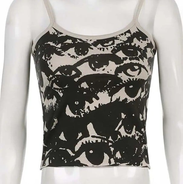 Naisten harmaa toppi silmäprintillä Ohut olkaimet Pyöreä pääntie Crop top Polyesteri puuvilla Tyylikäs toppi L