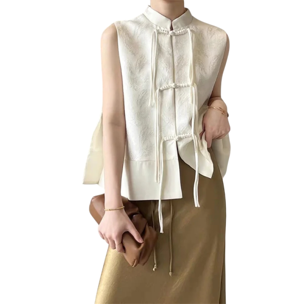 Naisten ilmanhihaista jacquard-vestiä kauluksella ja nappikiinnityksellä Elegantti yksivärinen vestä polyesteristä ja puuvillasta päivittäiseen käyttöön beige M