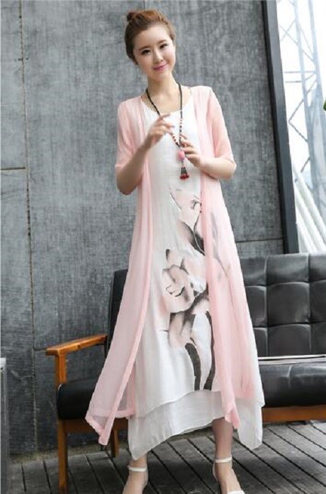 Naisten kaksiosainen kesämekko vaaleanpunainen L