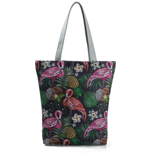 Naisten kangaskassi ananaksilla ja trooppisilla lehdillä Tilava shopper, jossa on kaksi harmaata kahvaa 27 x 38 x 11 cm Kangasta ja polyesteria 3