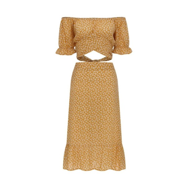 Naisten kukkakuvioinen crop toppi ja hame B1099 tummankeltainen XL