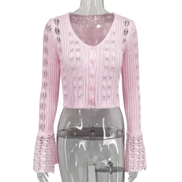 Naisten neulecardigan V-pääntiellä yksivärinen nappineule leveillä hihoilla tyylikäs muotineule polyesteria ja puuvillaa vaaleanpunainen M