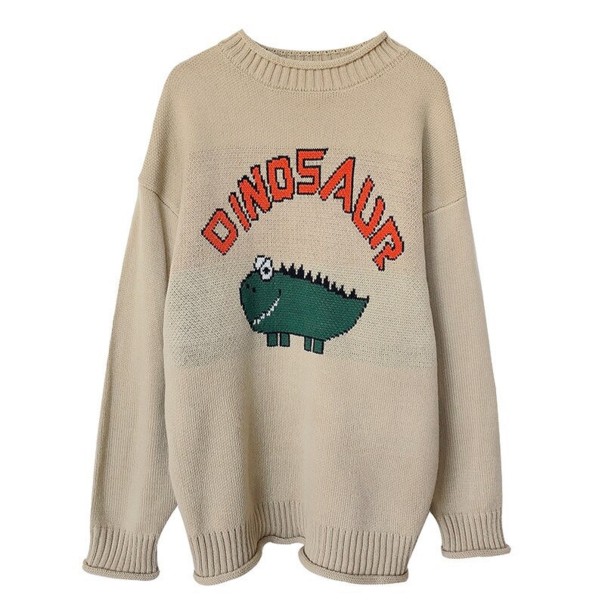 Naisten neulottu villapaita dinosauruksella beige