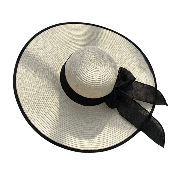 Naisten olkihattu 56-60 cm, leveällä lierillä ja rusetilla, kesäinen aurinkosuoja, elegantti aurinkohattu kesäksi valkoinen