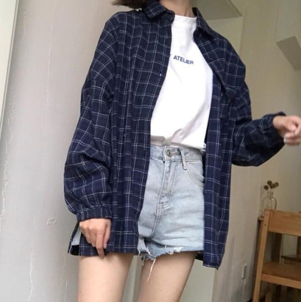 Naisten oversize-paita ruutukuviolla Pitkä leveä hiha mansetilla Rintatasku Klassinen kaulus Puuvilla, polyesteri ja spandex tummansininen