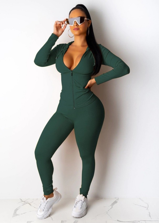 Naisten pitkähihainen paita ja leggingsit tummanvihreä 3XL