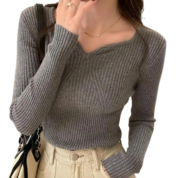 Naisten pitkähihaisen V-pääntie neulepaita Yksivärinen tyylikäs paita puuvillasta ja polyesterista Mukava monikäyttöinen neulepaita päivittäiseen käyttöön harmaa