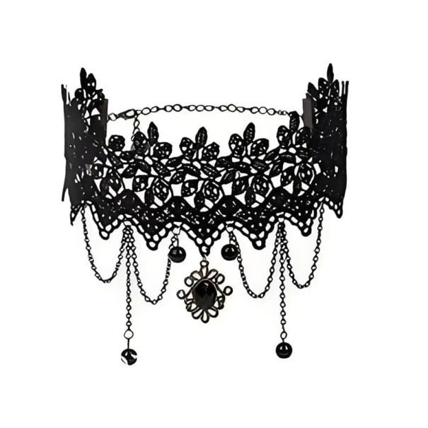 Naisten pitsinen choker riipuksella ja roikkuvilla ketjuilla, pituus 32 + 5 cm kaulakoru 1