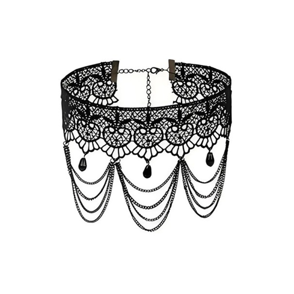 Naisten pitsinen choker roikkuvilla ketjuilla ja pisaramaisilla koristeilla, pituus 32 + 5 cm, kaulakoru, musta lisävaruste 1