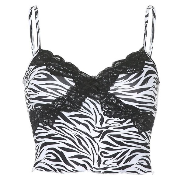 Naisten pitsitoppi Crop Top mustavalkoinen reunuksilla V-pääntie ohuilla olkaimilla tyylikäs toppi polyesteri spandex S