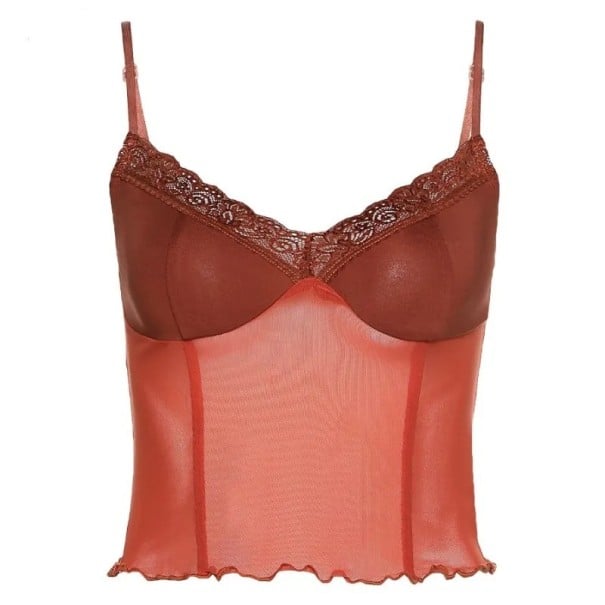 Naisten pitsitoppi Crop Top punainen V-pääntie Ohut olkaimet Puoliksi läpikuultava kesätoppi polyesteri spandex S