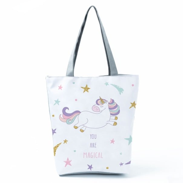 Naisten polyesterinen laukku yksisarvisen printillä 27 x 37 x 8 cm Ostoskassi harmailla kahvoilla ja harmaalla pohjalla Ostoksiin ja päivittäiseen 1