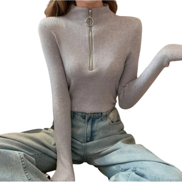 Naisten poolopaita ja puolivetoketju Elegantti yksivärinen neule akryyli- ja puuvillasekoitteesta pitkähihaisena Mukava talvitoppi eri väreissä harmaa