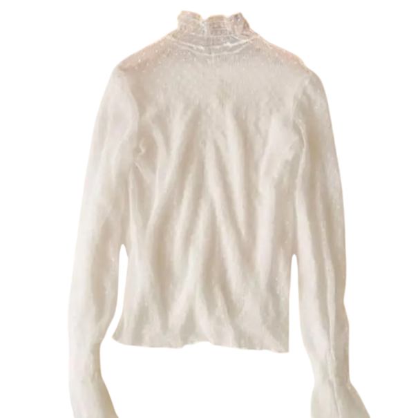 Naisten puoliläpinäkyvä pitsipaita Yksi koko Turtleneck O-mallinen kaula-aukko Pitkät hihat Rypytys Pilkullinen kuvio valkoinen