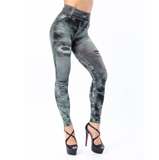 Naisten push-up-leggingsit farkkukuviolla, korkea vyötärö, farkkuefekti, muotoilevat leggingsit, mukavat elastiset housut vapaa-aikaan harmaa M