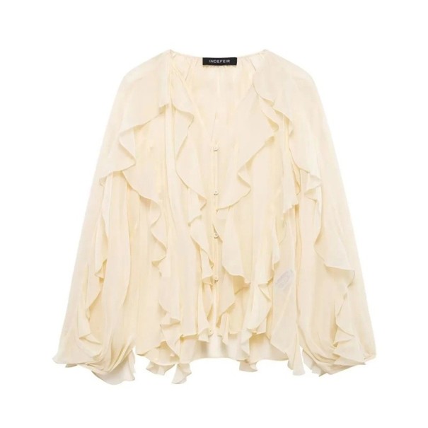 Naisten röyhelöinen pitkähihainen pusero Elegantti sifonkipusero V-aukkoinen Ilmava materiaali Yhteisöllinen ja vapaa-ajan tyyli beige M