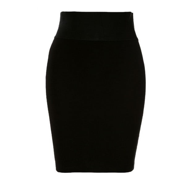 Naisten tiukka mini hame korkealla vyötäröllä Leveä joustava vyötärö Pussimainen leikkaus Musta väri Polyesteri ja spandex Elastinen kangas XS