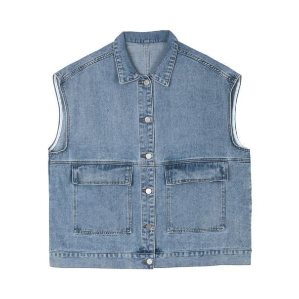 Naisten vaaleansininen denimliivi väljässä leikkauksessa puuvillasta ja denimistä klassisella kauluksella metallinapeilla ja kahdella suurella XL