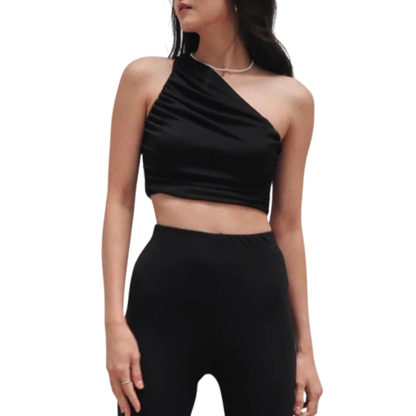 Naisten yksivärinen asyymetrinen toppi yhdelle olalle Crop top Polyesteri spandex joustava moderni kesätoppi musta S