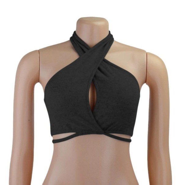 Naisten yksivärinen crop top O-mallinen kaula-aukko leveillä olkaimilla rintaleikkauksella polyesteri spandex musta L