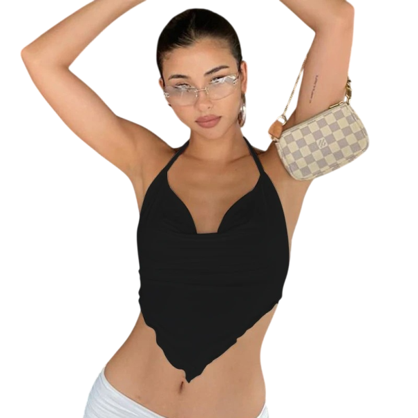 Naisten yksivärinen crop top V-pääntie Ohut olkaimet kaula-aukolla Polyesteri spandex moderni kesätoppi musta M