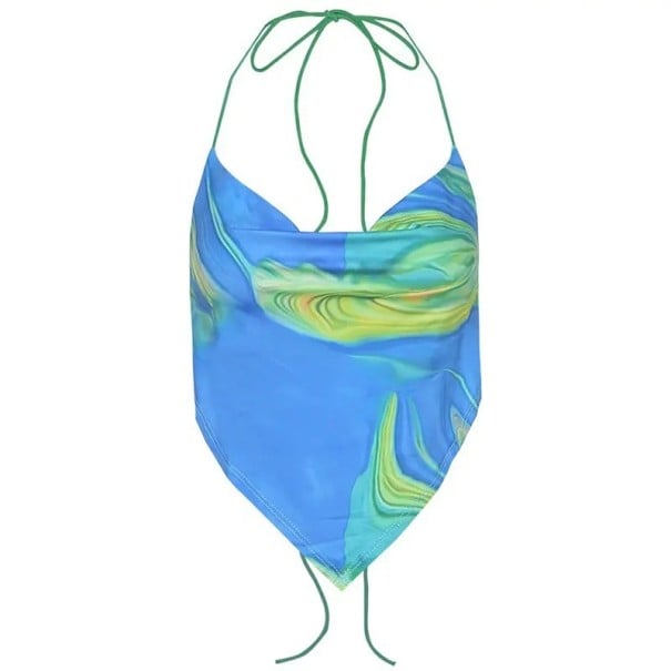 Naisten yksivärinen marmorikuvioinen crop top V-pääntiellä ohuilla olkaimilla polyesteri spandex sininen M