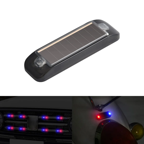 Napelemes LED figyelmeztető lámpa 5x2x1 cm lopásgátlóval autóhoz és motorkerékpárhoz, kék-piros villogás 4-5 másodpercenként, karbantartásmentes 1