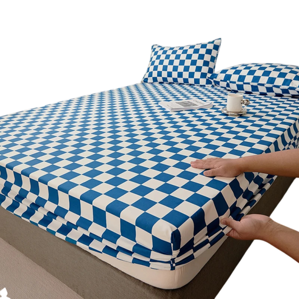 Napínací prostěradlo 140 x 200 x 30 cm Elastické prostěradlo na matraci Bavlna polyester Protiskluzové s gumou po obvodu Barevný čtvercovaný vzor modrá