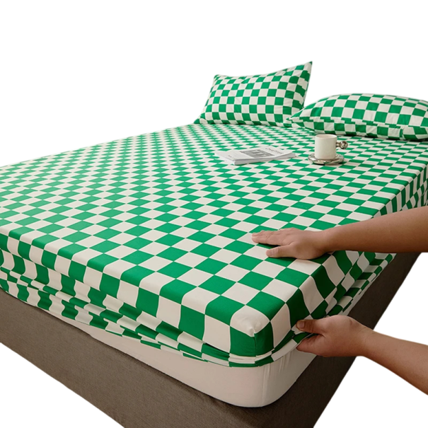 Napínacie prestieradlo 180 x 220 x 30 cm Elastické prestieradlo na matraci Bavlna polyester Protiskluzové s gumou po obvode Farebný štvorcový vzor zelená