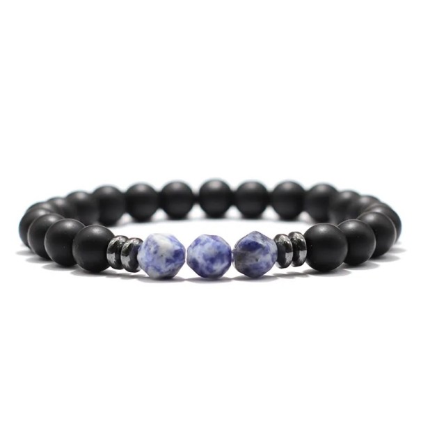 Náramek z kamene 19,5 cm 8 mm korálky černý onyx vzhled hematit a barevný kámen elastický unisex náramek bílá