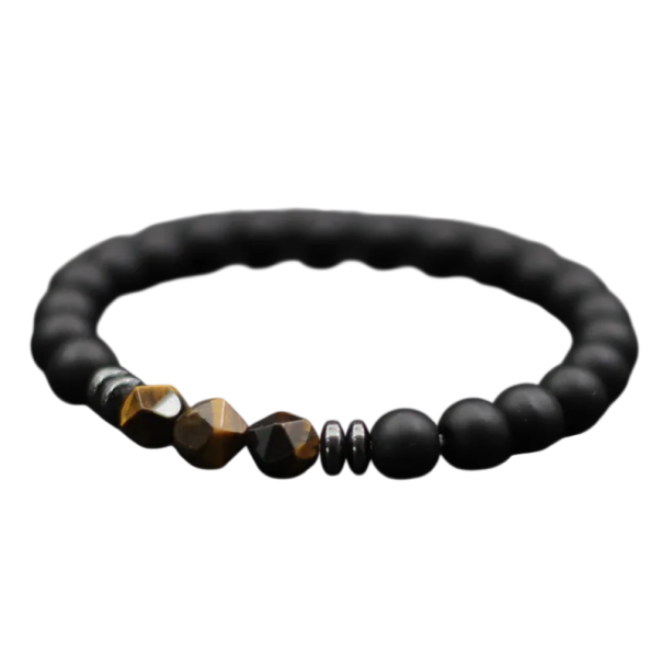 Náramek z kamene 19,5 cm 8 mm korálky černý onyx vzhled hematit a barevný kámen elastický unisex náramek hnědá