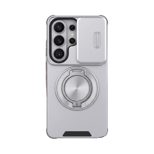 Nárazuvzdorné pancéřové pouzdro pro Samsung Galaxy S24 Výklopný kulatý stojánek Šoupací krytka fotoaparátu Ochranný zadní kryt na mobil stříbrná