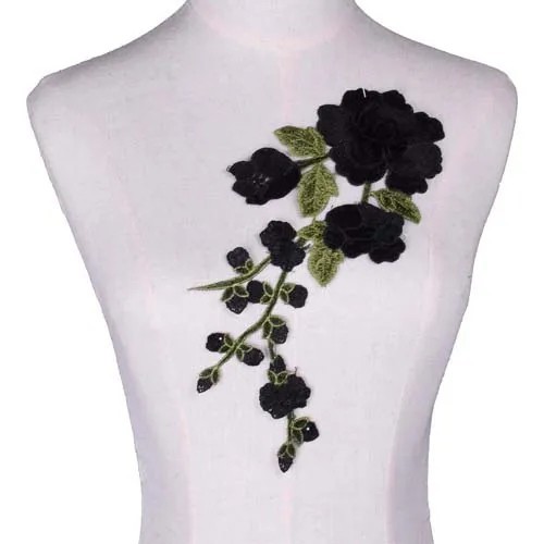 Násivka com motivo floral 30 x 16 cm Aplique bordado para roupa Násivka decorativa de poliéster para vestidos, casacos, decoração DIY preto